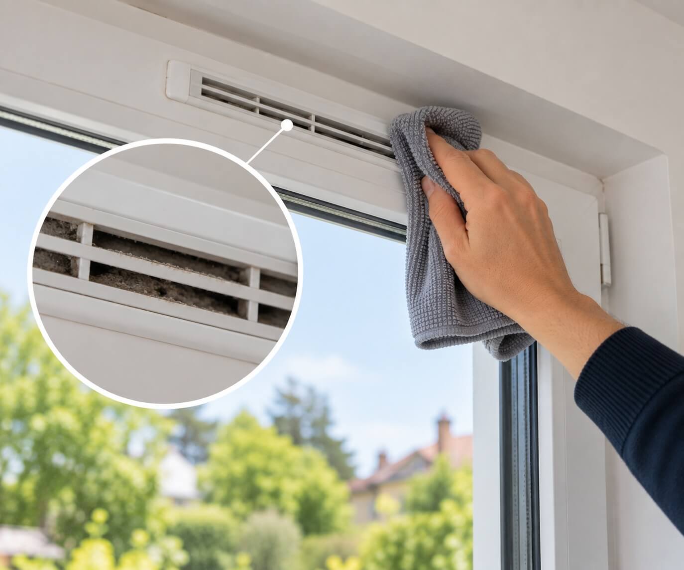 Nettoyage d’une entrée d’air située en partie haute d’une fenêtre